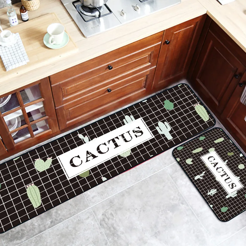 

Northern Europe Kitchen Rugs Geometry lattice Green Cactus Printed Carpets Non-slip Door Mat Bedroom Bedside Floor Pad alfombra