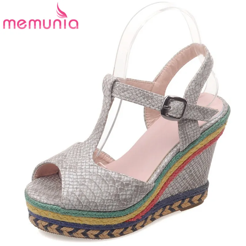 

MEMUNIA 2018 fashion summer women sandals pu patent leather shoes wedges high heels shoes wedding party peep toe ladies shoes