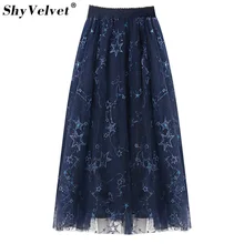 Новые летние длинные Тюлевая юбка элегантные звезды цветочной вышивкой Высокая Талия гофрированный с сеткой Юбки Женская пачка блестками Синий Faldas