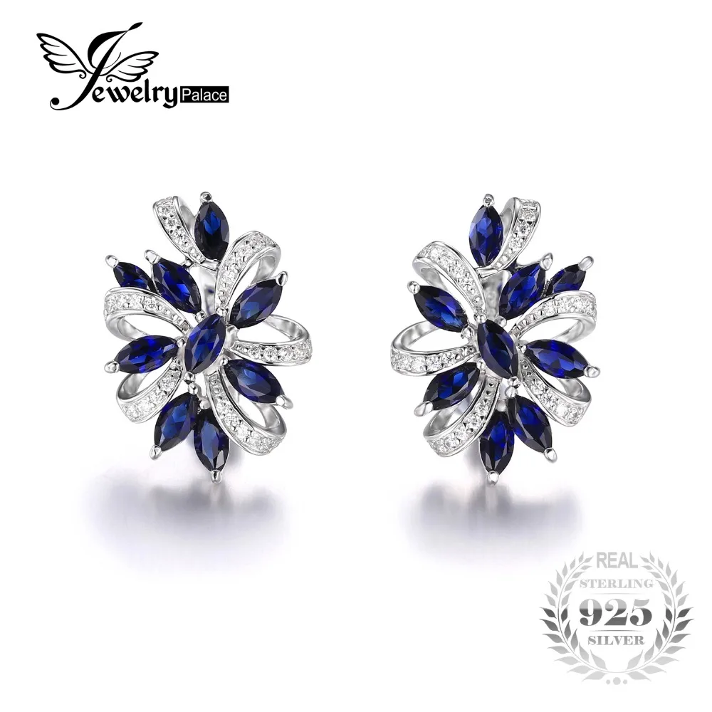 JewelryPalace Unique Design 2.1ct Created Sapphire Clip On Earrings 925 Sterling Silver Jewelry For Women Gift | Украшения и