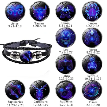 

12 Constellation Black Rope Braided Leather Bracelet Zodiac Bracelet Cancer Leo Virgo Libra Scorpio for Men Women