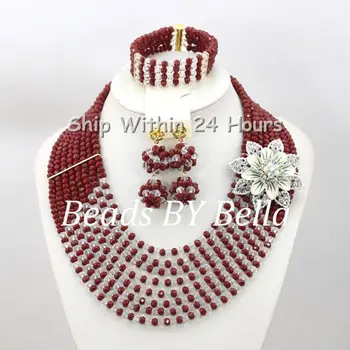 

Hot sale 8 Layers African Crystal Beads Jewelry Set Burgundy&Clear White Nigerian Party Beads Necklace Free Shipping ABC955