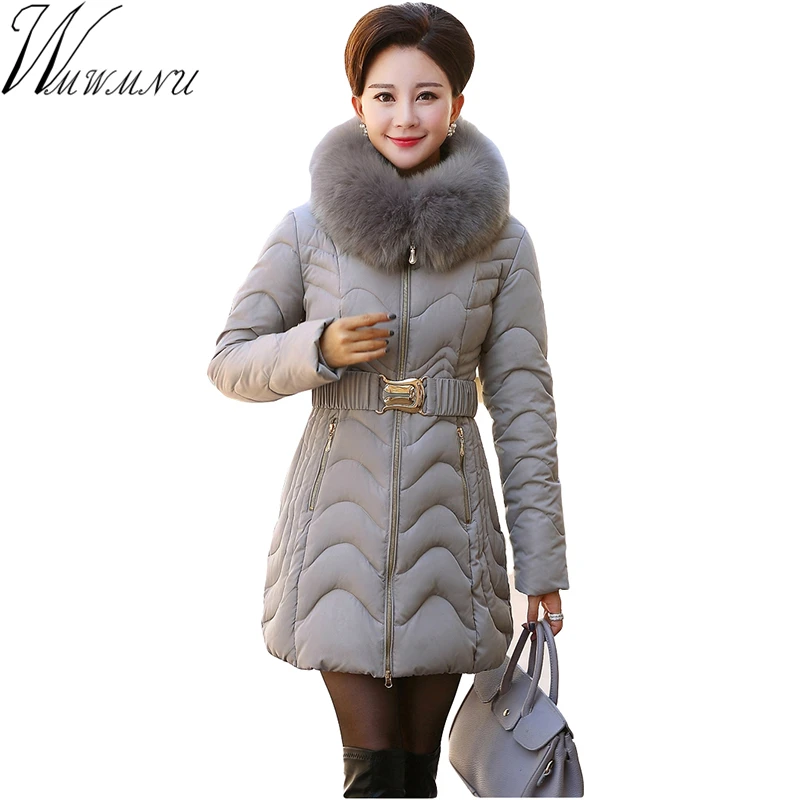 Wmwmnu Parka Women jackets winter 2016 tie waist female slim jacket fur collar parkas for women