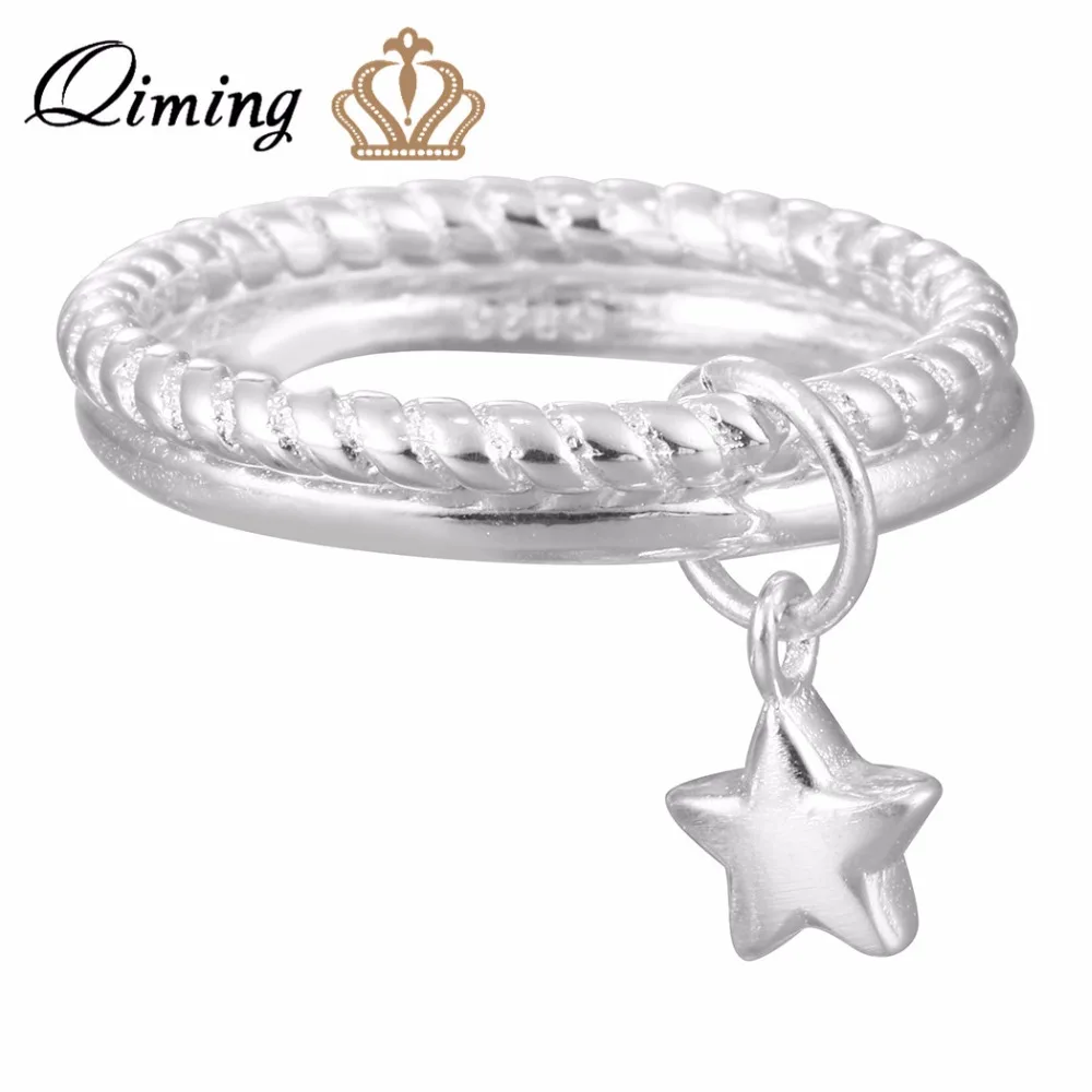 

QIMING Silver Stars Pendant Double Rings for Women New Design Lovely Girls Christmas Gift Statement Jewelry Party Gift