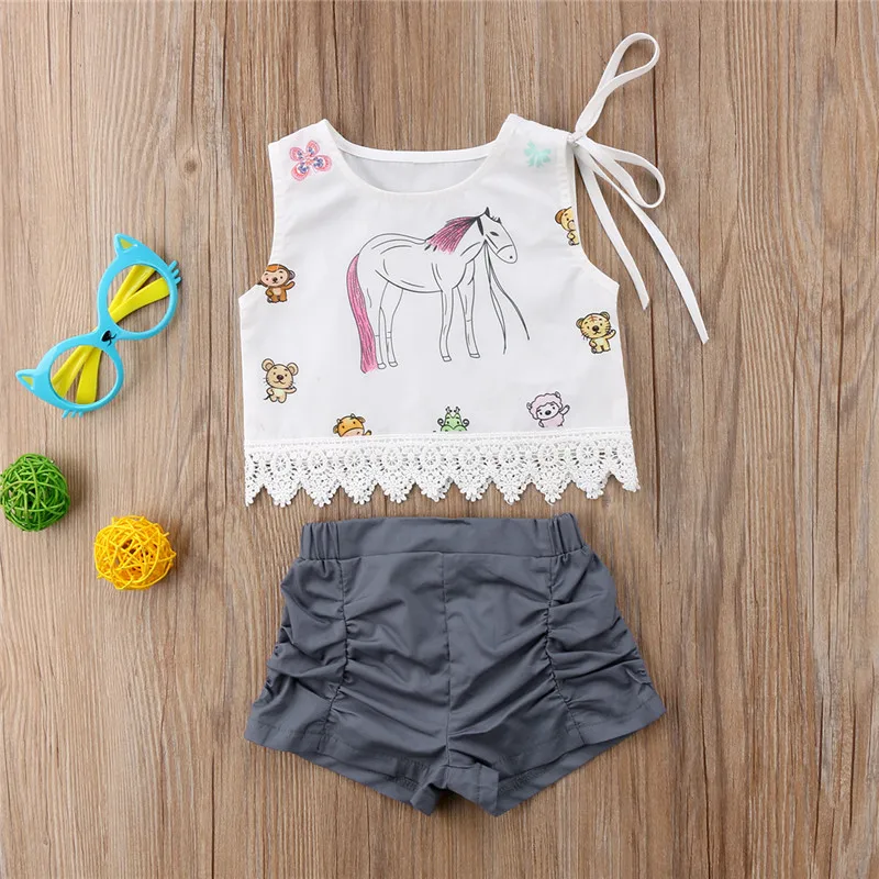 Хлопковая Кружевная футболка без рукавов с единорогом укороченные шорты Одежда для девочек комплект летней одежды из 2 предметов для