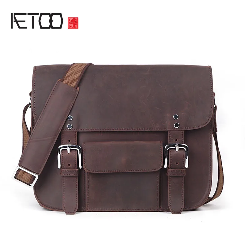 

AETOO New men's leather shoulder bag fashion personality crazy horse skin Messenger bag large capacity computer bag
