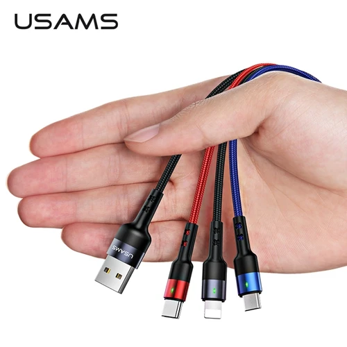 3 в 1 USB кабель для мобильного телефона USAMS Micro usb type C зарядный кабель для освещения зарядный кабель Micro зарядный usb-шнур - Цвет: 3 in 1 Straight 1.2m