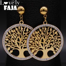Дерево жизни кристалл из нержавеющей стали серьги для женщин большой золотой цвет серьги гвоздики ювелирные изделия pendientes mujer moda E612730