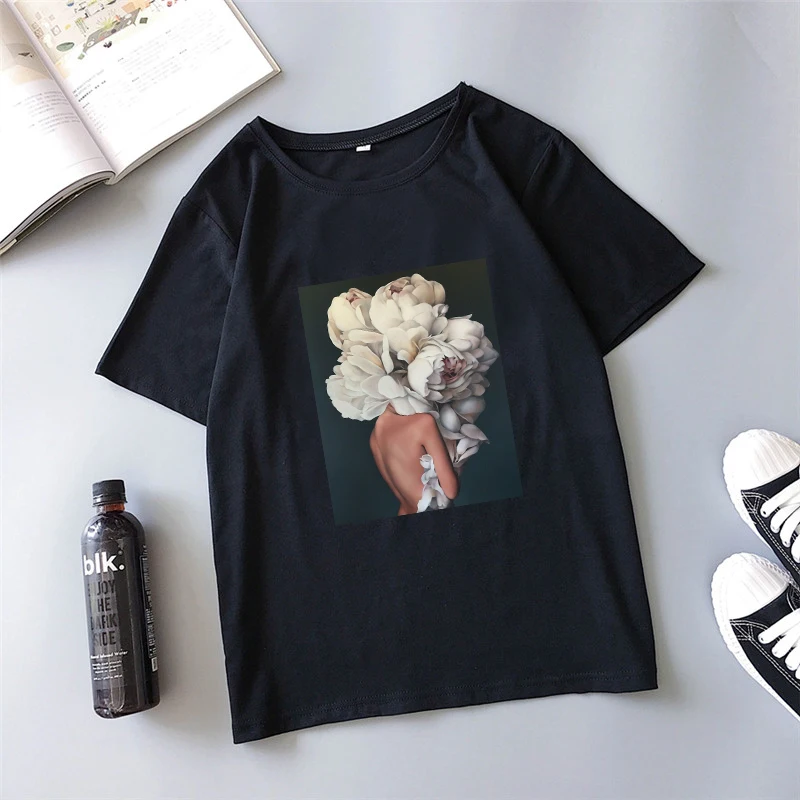 Летняя женская Повседневная футболка с цветочным принтом Ulzzang, с коротким рукавом, новинка, свободные топы ulzzang, Harajuku, футболки, S-2XL, футболка с круглым вырезом - Цвет: 07