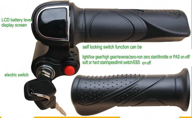 

48v60v gas handle twist throttle with battery indicator&latching switch&lock/key electric scooter bicycle MTB part rolling grips