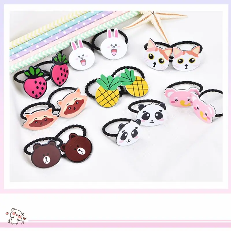 

2Pcs/Pair Double Bunches Ponytail Holder Kids Girls Cute Cartoon Animal Fruit Acrylic Small Hair Rope Korean Elastic Scrunchies