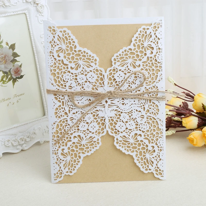  10pcs Sample Hollow Laser Cut Wedding Invitations Card Personalized Custom with Ribbon Envelope Del - 32911433545