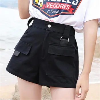 

Women's Summer Overalls Shorts New Buckle Belt Soild Color Breathable Cargo Brief Ladies' High Waisted Pocket Shorts Hot Selling