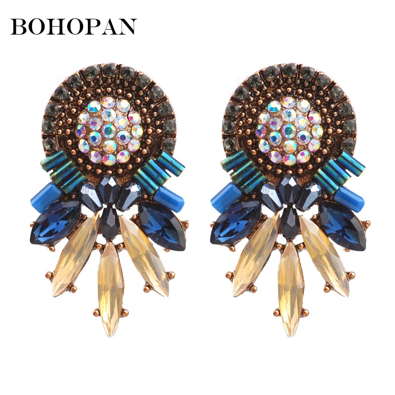 

Colorful Gem Earrings Women Big Badge Design Luxury Crystal Pendant Stud Earrings Fashion Statement Jewelry Wedding Bijoux Party