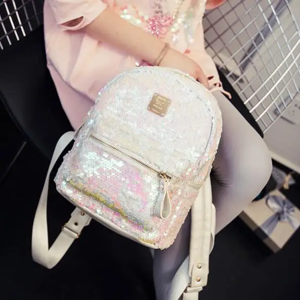 College wind fashion New female bag Sequined wild shoulder bag PU Leather Women Backpack Girl High
