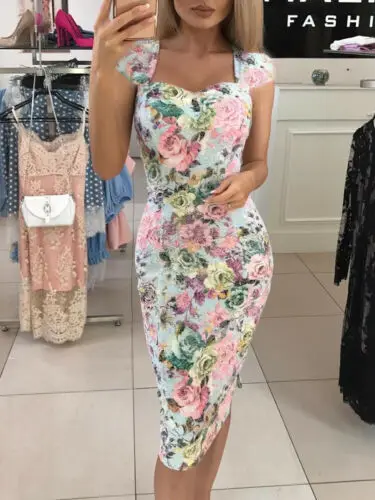 

Sexy Women Sleeveless Bandage Polyester Bodycon Dress Floral Print Knee-length Dress Summer Evening Party Short Dress Wholesale