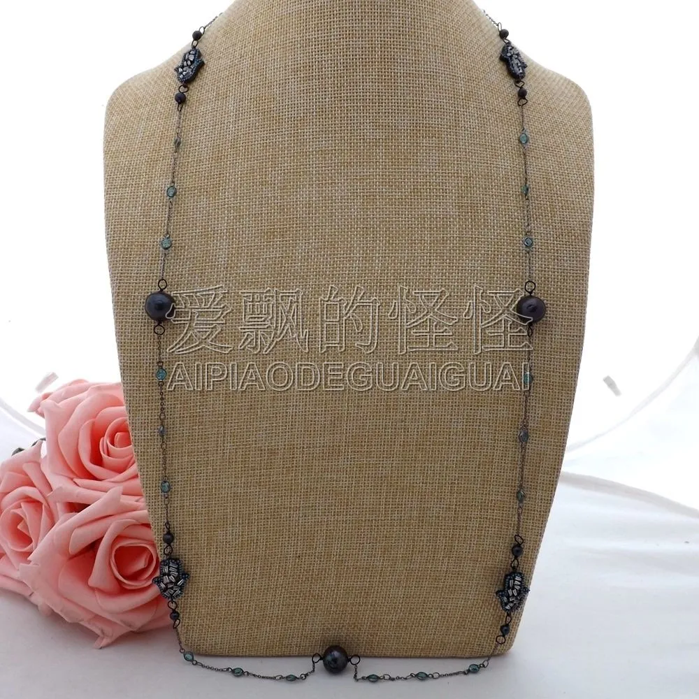 

N063004 36" Black Keshi Pearl Cz Pave Hamsa Long Chain Necklace