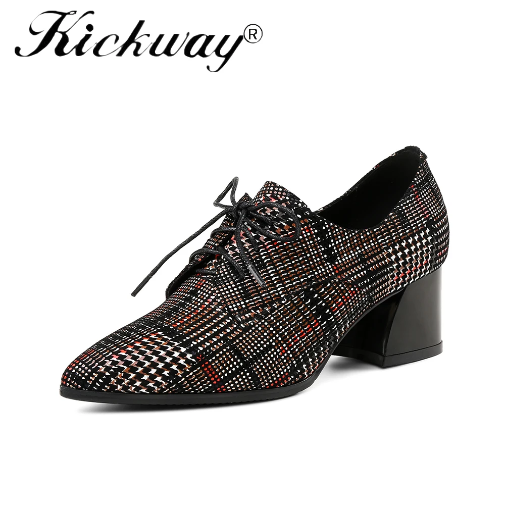 

Kickway 2018 new genuine leather women pumps pointed toe lace up black sweet office lady casual shoes plus size 34-43