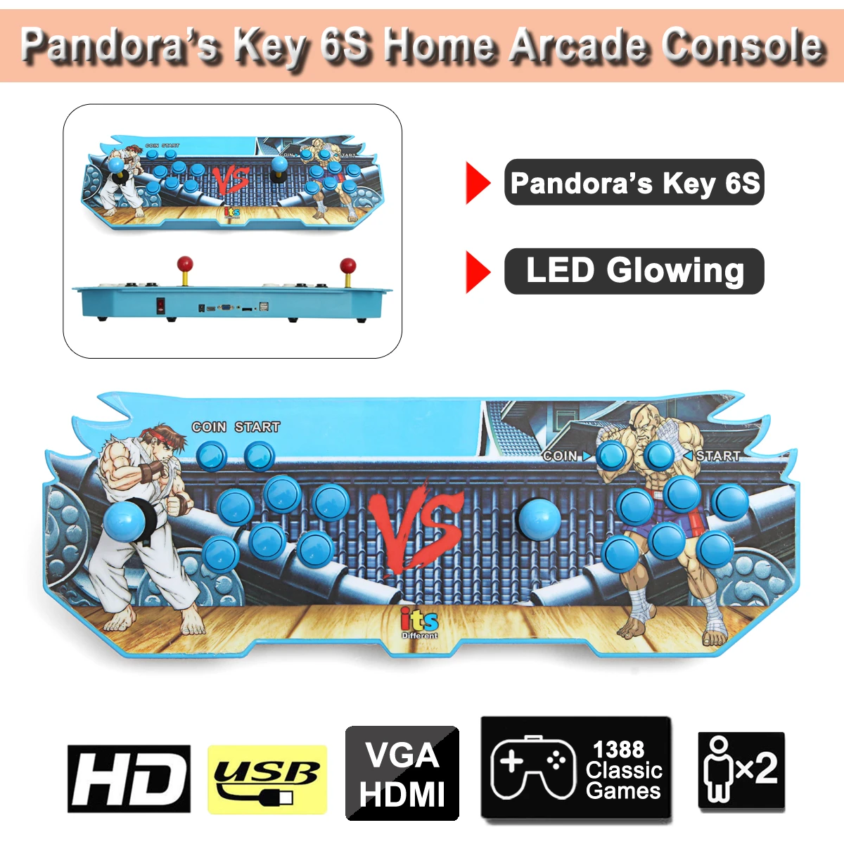 

LED Glowing Light Key 6s 1388 in 1 Game Arcade Console usb Joystick Arcade Buttons with 2 players Control Machine