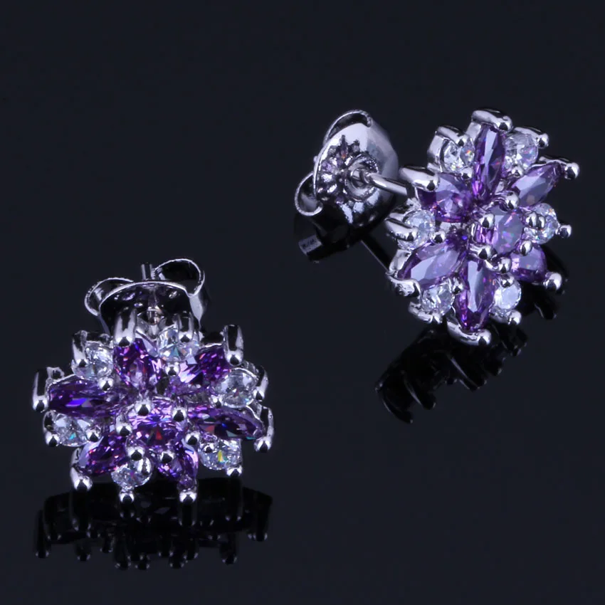 Fancy Flower Purple Cubic Zirconia White CZ Silver Plated Stud Earrings V0389 | Украшения и аксессуары