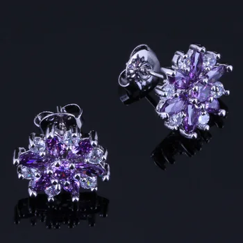 

Fancy Flower Purple Cubic Zirconia White CZ Silver Plated Stud Earrings V0389