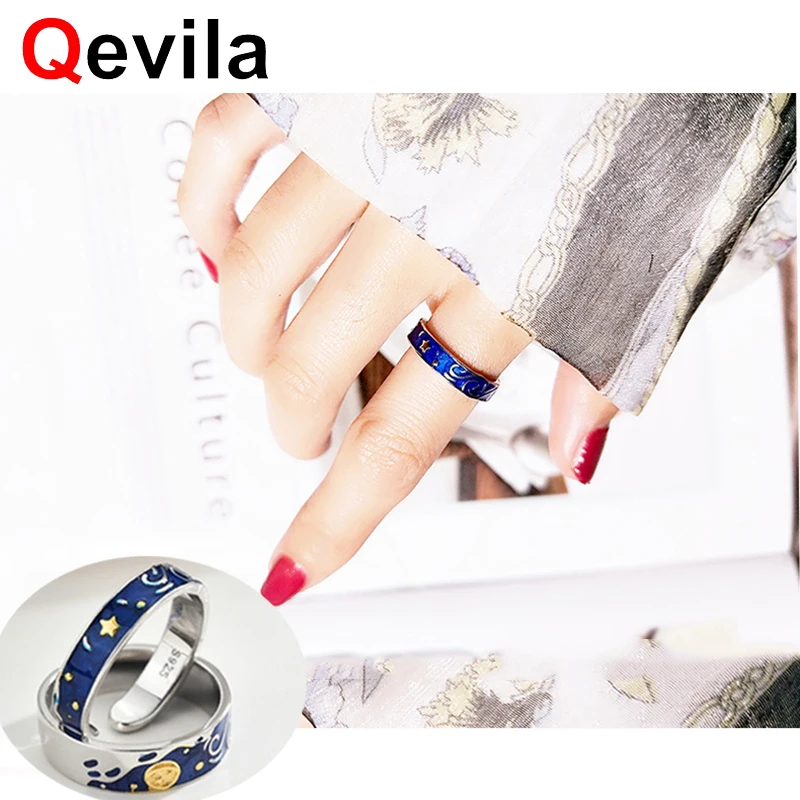 

Qevila 100% 925 Sterling Silver Van Gogh Ring Adjustable Starry Sky Moon Enamel men Ring For Women Engagement Wedding Lover Ring