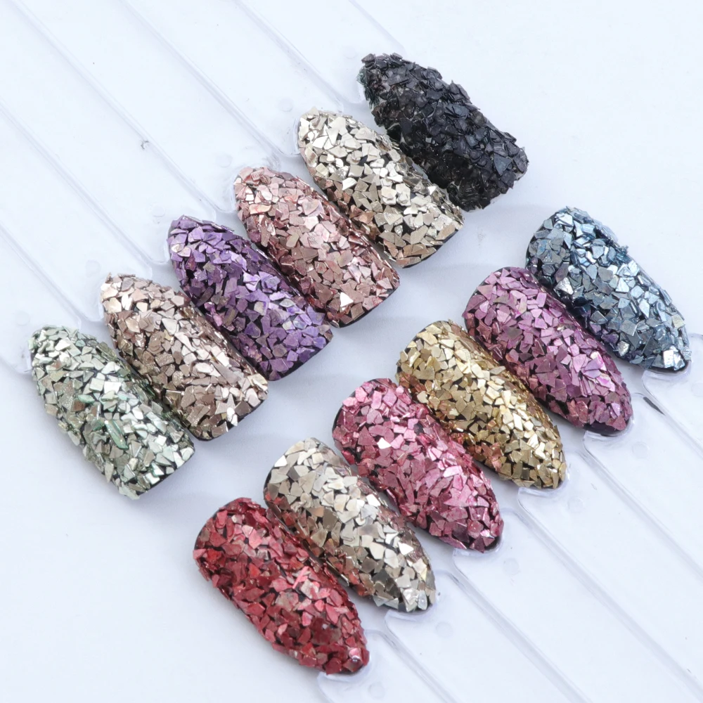 Juego de brillo de uñas de vidrio Borken Color mixto oro púrpura forma Irregular uñas arte polvo lentejuelas polaco 3D consejos manicura LALY