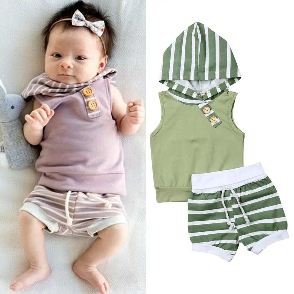 

Unisex Newborn Baby Clothes Kids Sleeveless Hooded Button Tops Stripe Short Pants Children Summer Outfits Set 0-18M