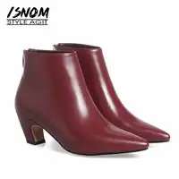 ISNOM Autumn Genuine Leather Ankle Boots 2018 New Short Plush Women Boots Fashion High Heels Pointed Toe Shoes Zipper Footwear