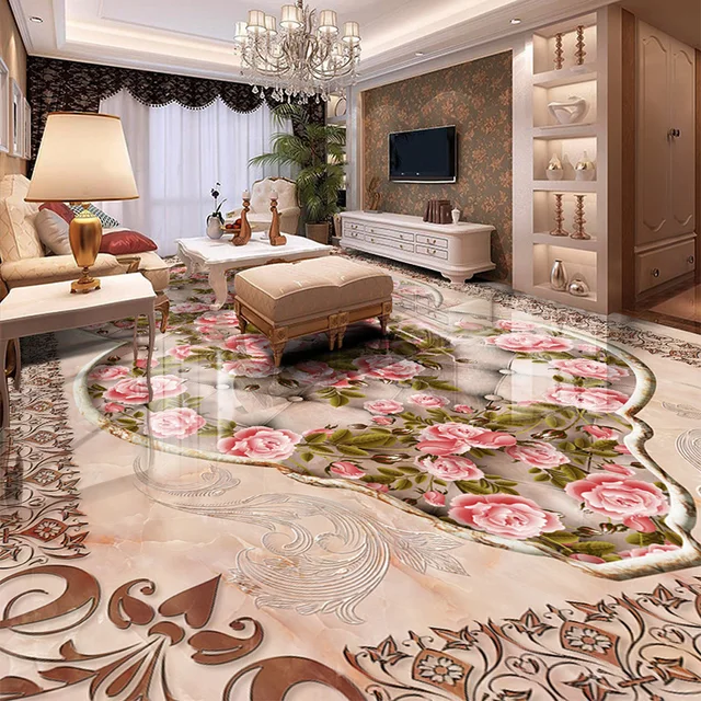 3D Floor Tiles Wall Paper Sticker European Style Rose Photo Mural Wallpaper Living Room Hotel