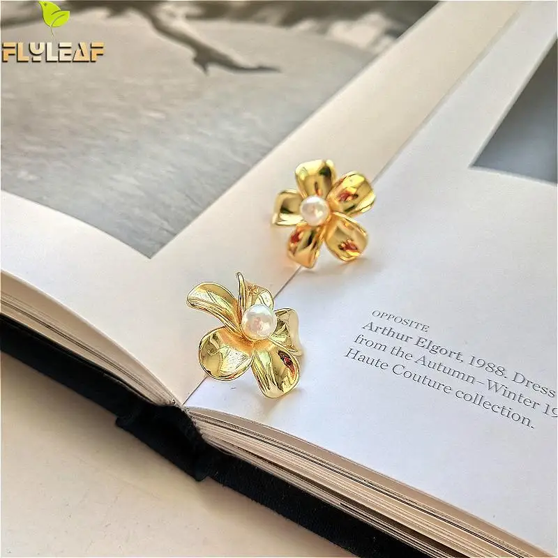 

100% 925 Sterling Silver Earrings For Women Pearl Luxury Earings Fashion Jewelry Gold Flower Stud Earrings Square Hot Sale