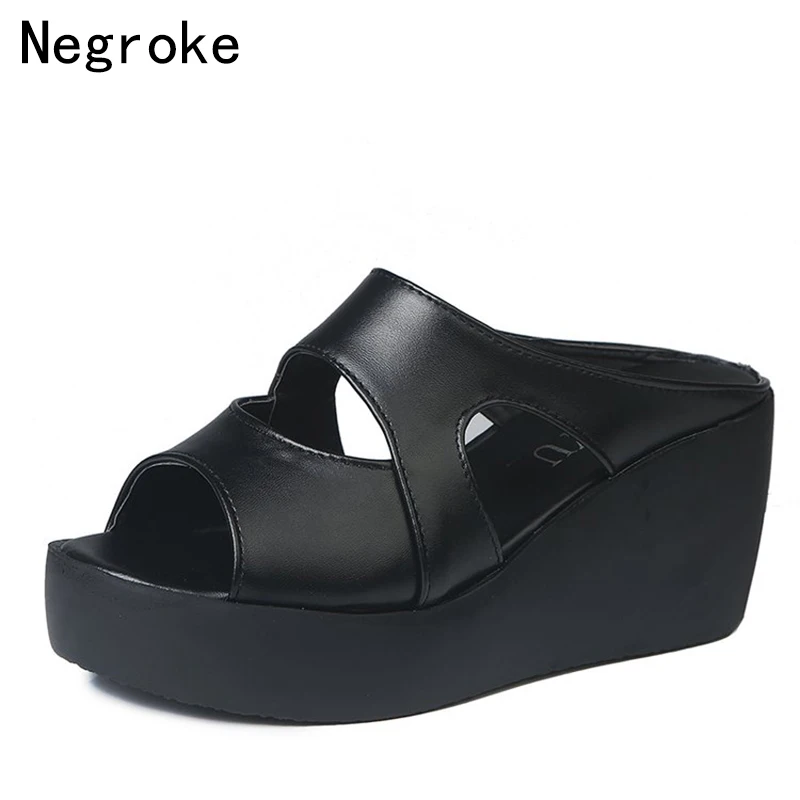 

2019 Hot Sale Women Slippers Summer Platform Wedges Slides Sandals Black White Leather Leisure Shoes Woman Slippers Sandalias