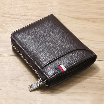 

Fashion Business Leather Genuine Men Wallet High Quality Mini Small Zipper Wallet For Mens Slim Short RFID Wallet Male Purse