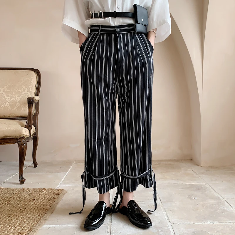 

Men Streetwear Hip Hop Loose Casual Stripe Ribbons Straight Pant Male Fashion Japan Style Wide Leg Trousers Joggers Sweatpants