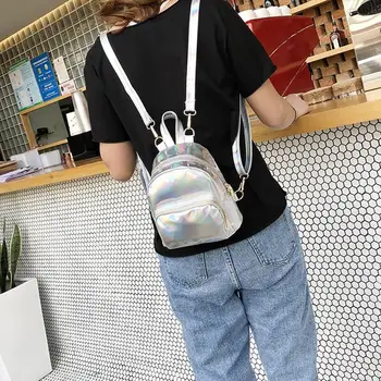 

Fashion Women Holographic Laser Faux Leather Small Backpack Tote Zipper Shoulder Bag