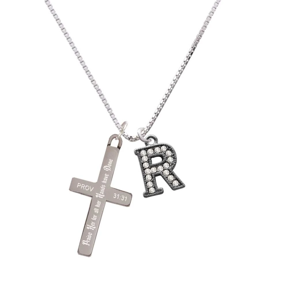Crystal Black Initial - R - Beaded Border - - Praise Her - Cross Necklace