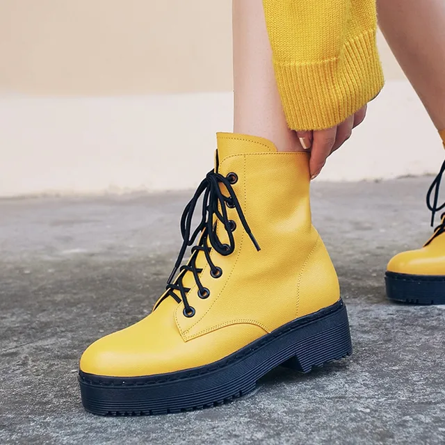 YMECHIC Fashion Yellow Real Leather Platform Womens Boots Ankle Rock