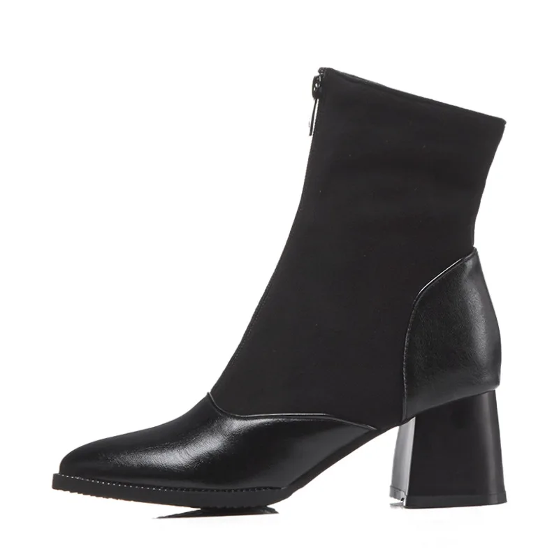 Брендовая Дизайнерская обувь с молнией спереди; обувь «Челси» Для женщин; обувь из кожи и ткани ботильоны из комбинированного материала; с заклепками; Обувь на высоком каблуке зимние ботинки womens197