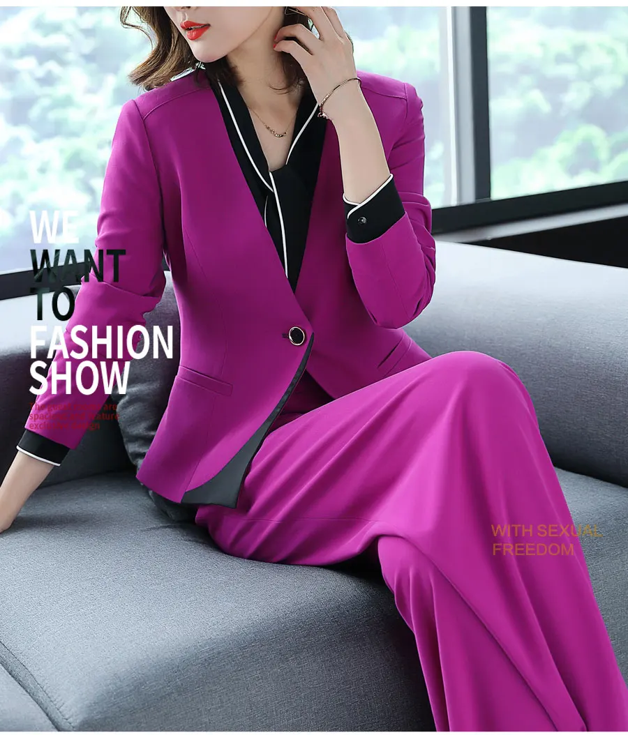 Женский фиолетовый Блейзер, брюки, костюмы, весна, Офисная Леди, новая мода, v-образный вырез, на одной пуговице, блейзер и широкие брюки, 2 предмета в комплекте