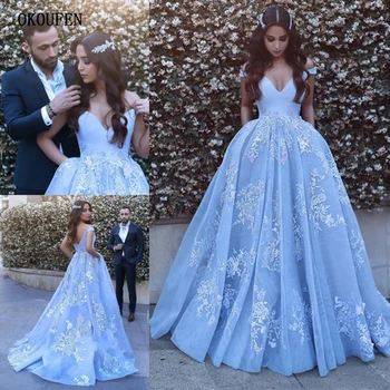 

Sky Blue Prom Dresses 2019 Ball Gowns Off the Shoulder Pocket Applique Fairy Formal Evening Gowns vestido de fiesta gala largos