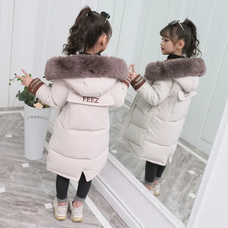 Новая модная одежда для девочек зимние теплые хлопковые куртки-Пуховики детские пальто с меховым воротником утепленная детская одежда с капюшоном для девочек - Цвет: Beige