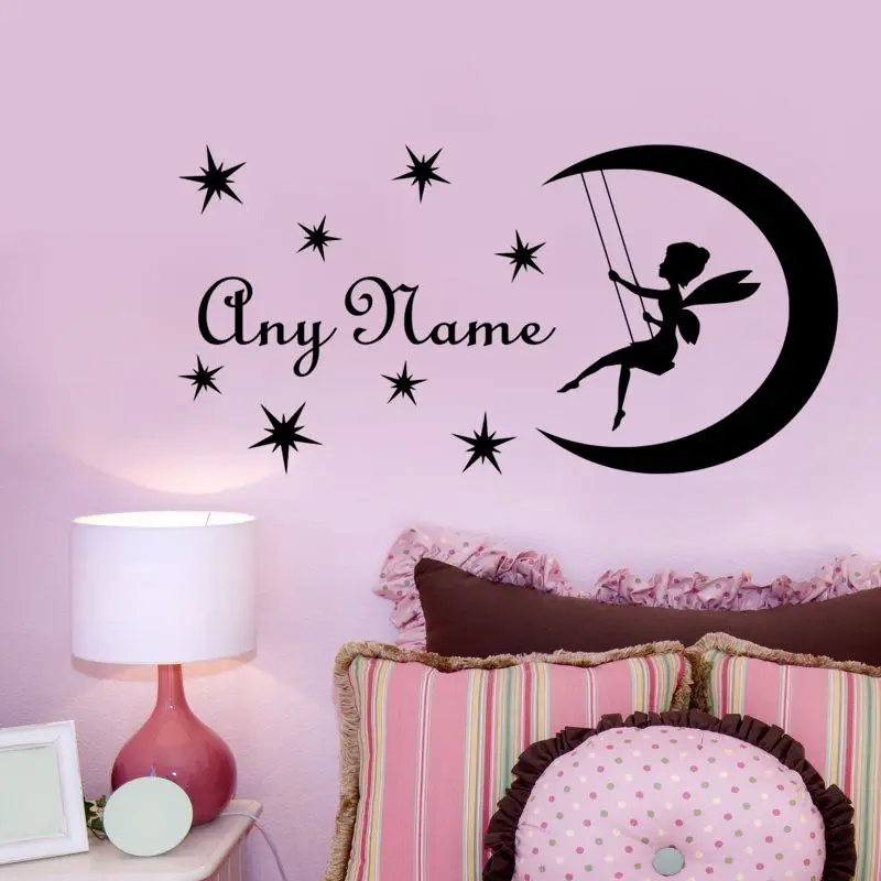 

DIY Fairy On Moon Custom your Name Vinyl Wall Sticker Personalized Name Decal For Kids Nursery Grils Bedroom Decal M-144