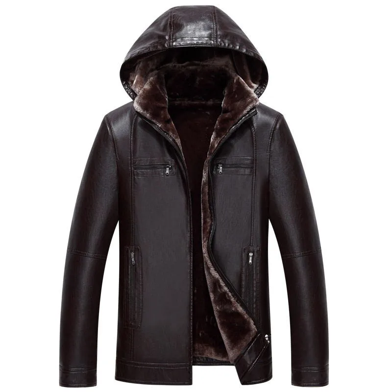 

Hooded PU Leather Woolen Liner Men Thick Coats Winter Warm Oversized Overcoats Fur Collar Business 5XL Motorcycle Jackets