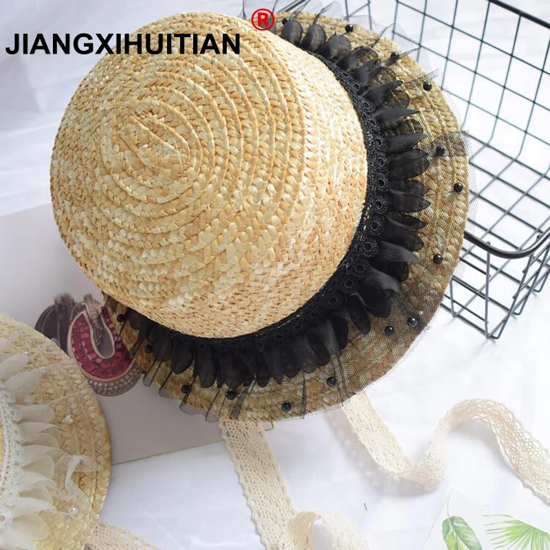 

2018 New Fashion child sun hat Cute girls sun hats bow hand made women straw cap beach big brim hat casual lace summer cap