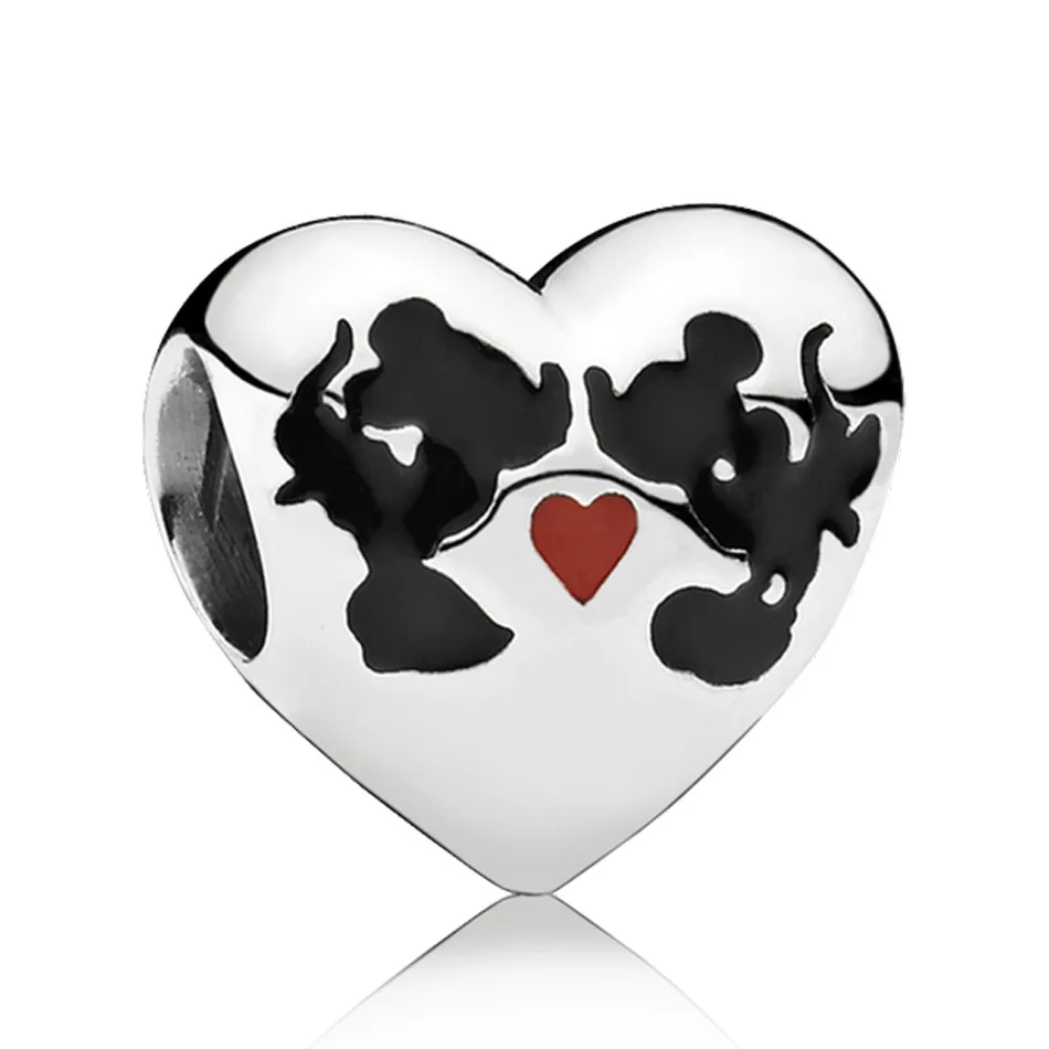

Authentic 925 Sterling Silver Enamel Minnie & Mickey Kiss Heart Charm Bead Fit Pandora Bracelet Bangle Women DIY Jewelry Making