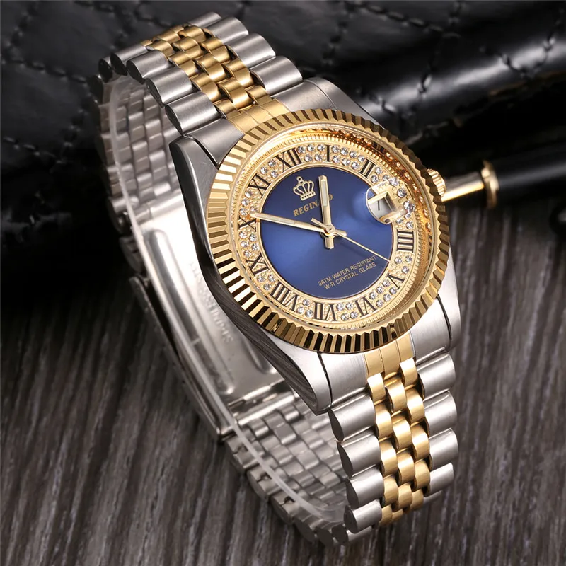 REGINALD кварцевые часы Для мужчин из 18-ти кратного желтого золота Рифленое рамка со стразами и жемчугом циферблат Полный Нержавеющая сталь светящимся циферблатом