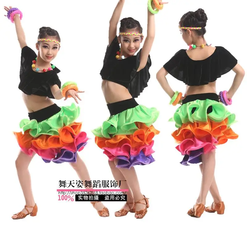 Adult Child Latin dance costume velvet short sleeves top+colors skirt 2pcs latin dance set for child women latin dance suits