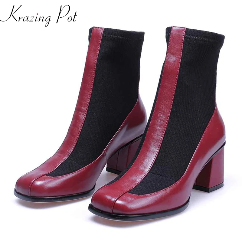 

Krazing Pot new genuine leather high heels square toe mixed color basic boots original art design stretch fabric ankle boots L88