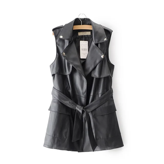 New Women Fashion Faux Leather Vests Lady Double Pocket Coat Sleeveless