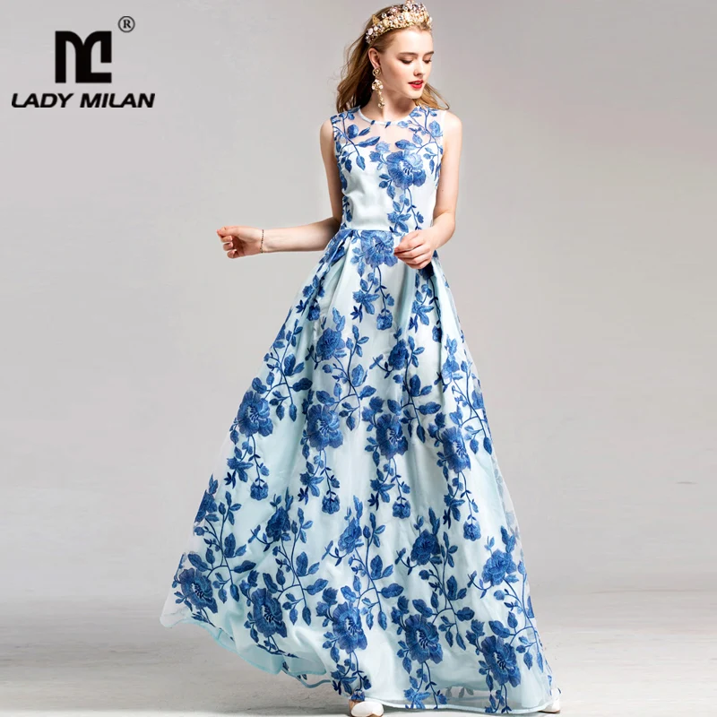 

Lady Milan New Arrival Women's O Neck Sleeveless Luxury Embroidery Floral Long Prom Party Runway Dresses